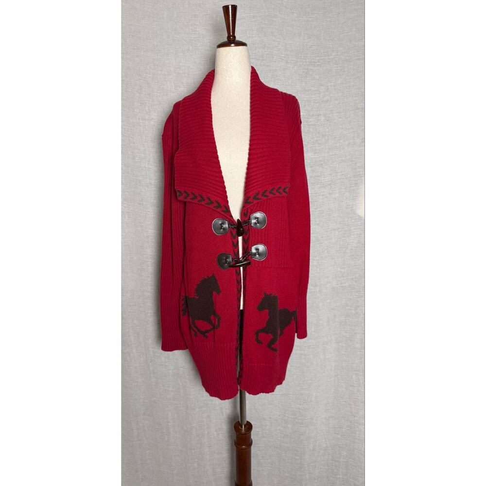 Vintage Timberlea Red Equestrian Western Horse Toggle Cardigan Sweater 
Size XL